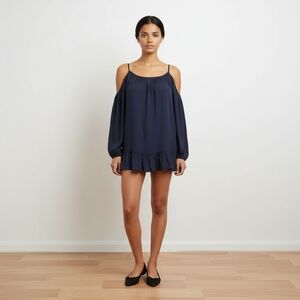 Lilly Pulitzer Candice Open Shoulder Silk Dress Peasant Long Sleeve Navy Small S